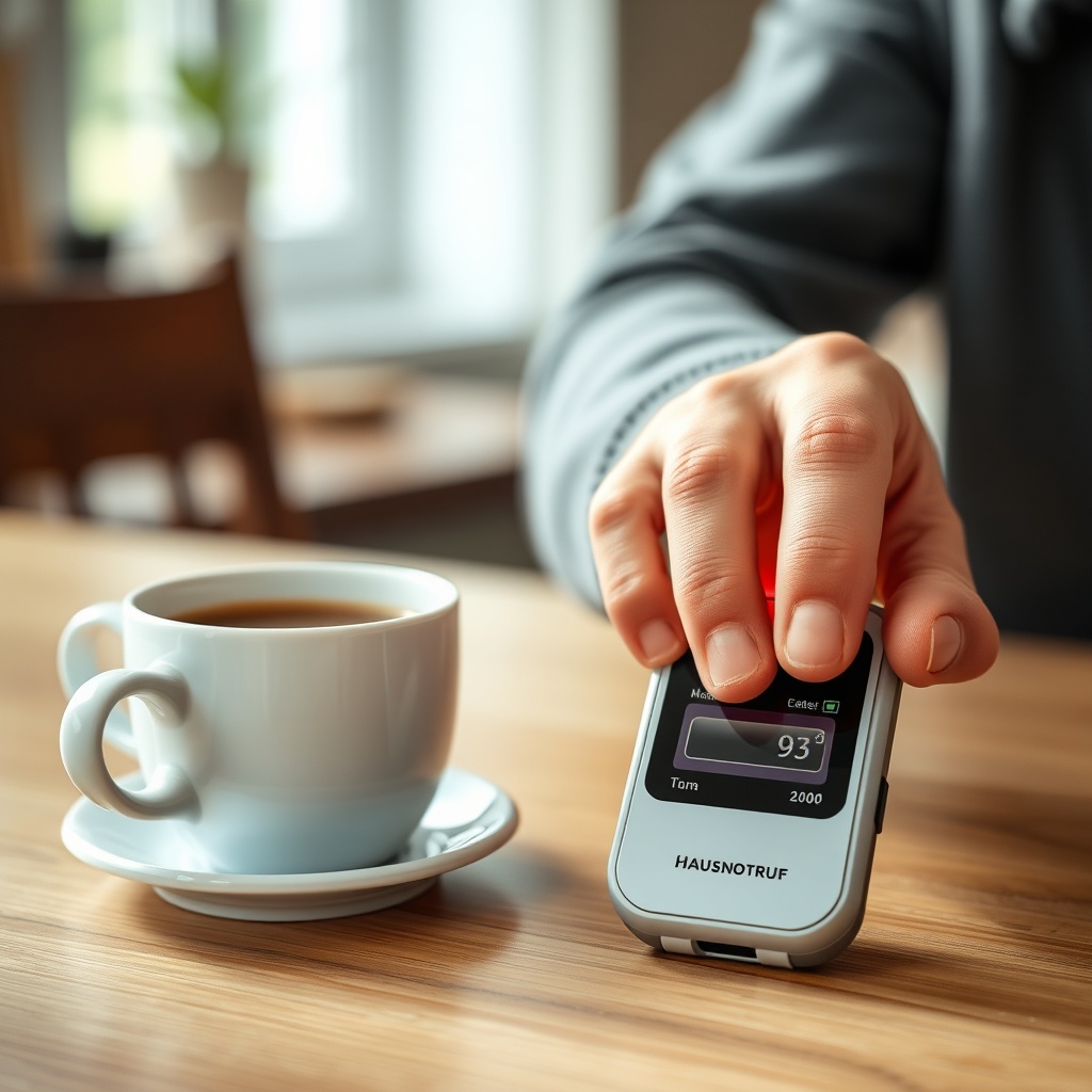 A realistic photo of a senior's hand pressing the red emergency button on a mobile Hausnot