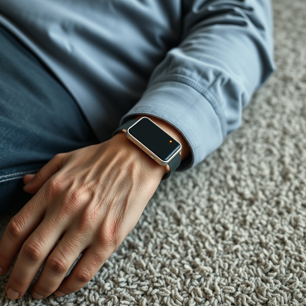 A high-tech sensor bracelet on a wrist of an elderly person lying on a carpeted floor