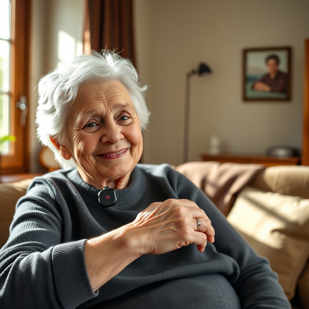 A friendly elderly person in a cozy living room wearing a black Hausnotruf device on their
