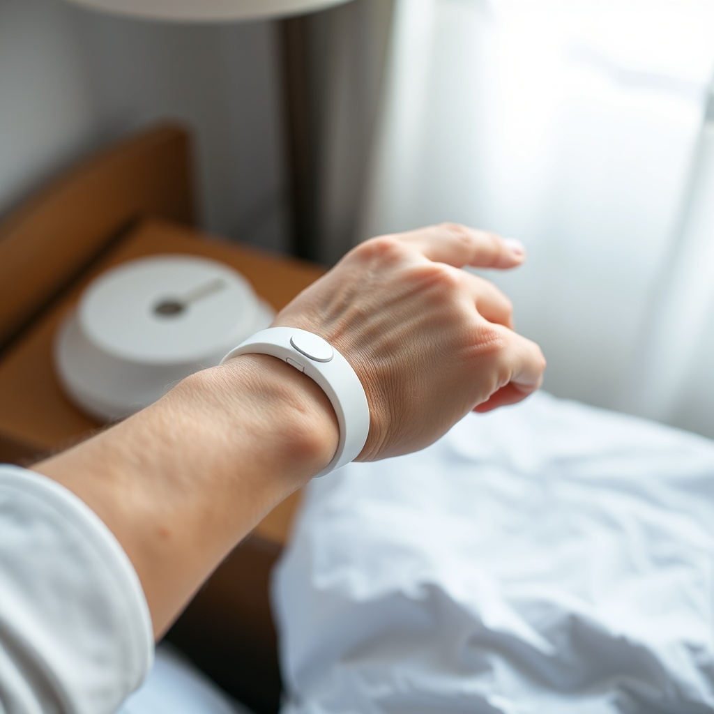 A senior hand wearing a discreet white wristband with a small button