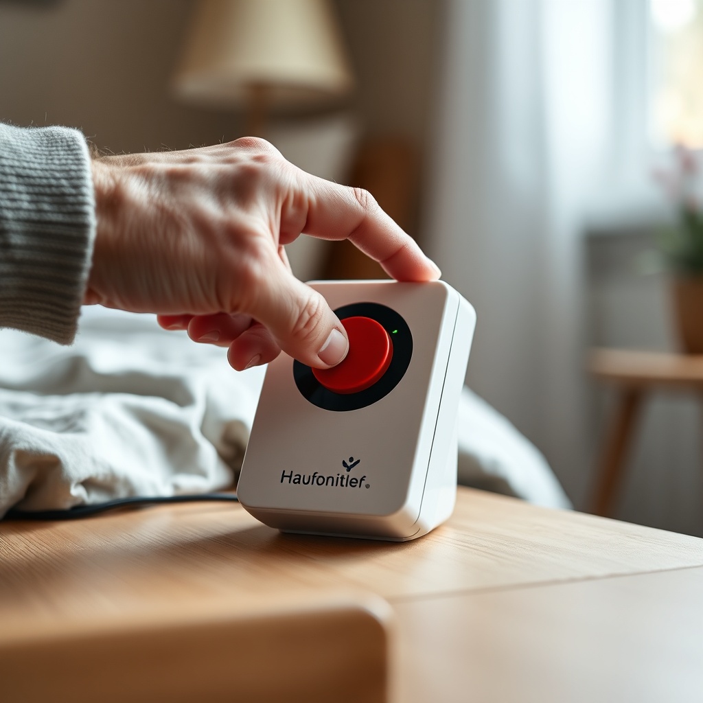 A close-up photorealistic shot of a senior's hand pressing the large red emergency button