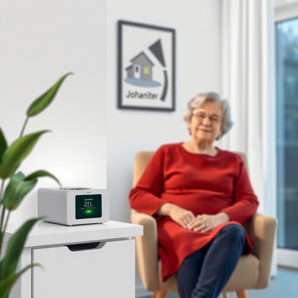 A photorealistic illustration showing a Johanniter Hausnotruf base station placed on a sma