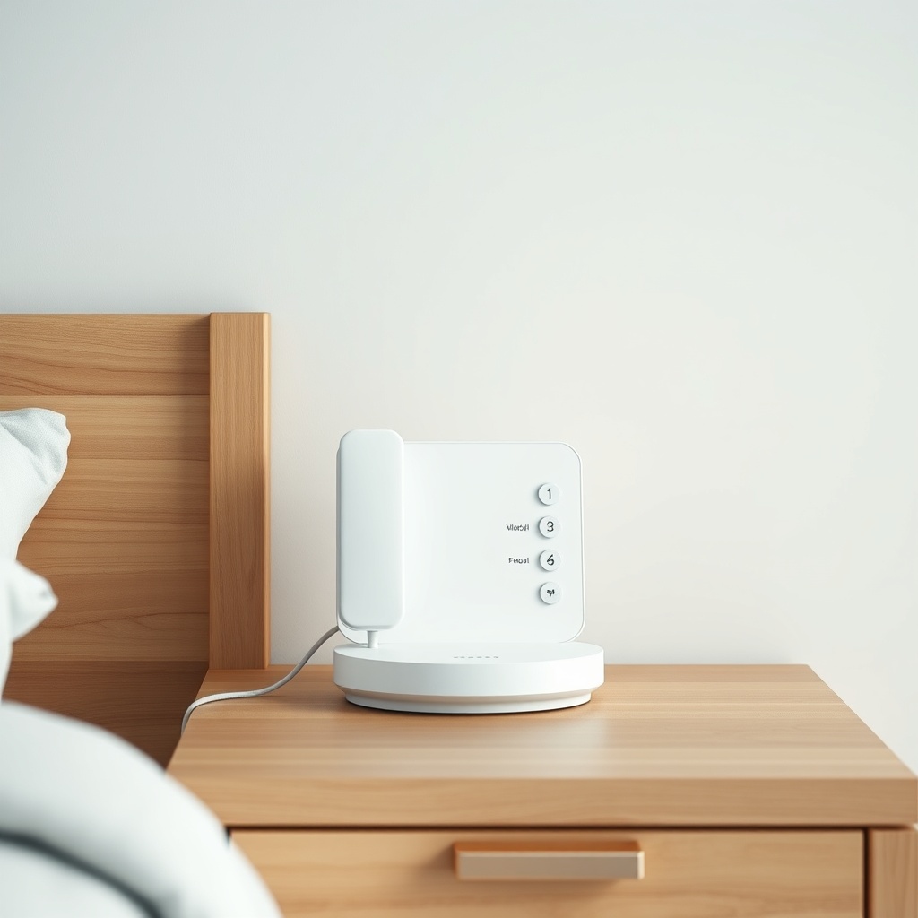 Professional studio photo of a modern white home emergency call base station on a wooden n