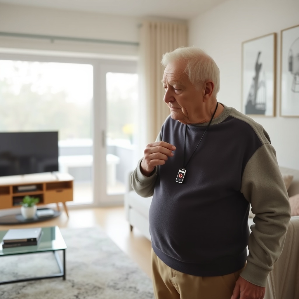 Bright modern living room scene showing an elderly person pressing the emergency button on