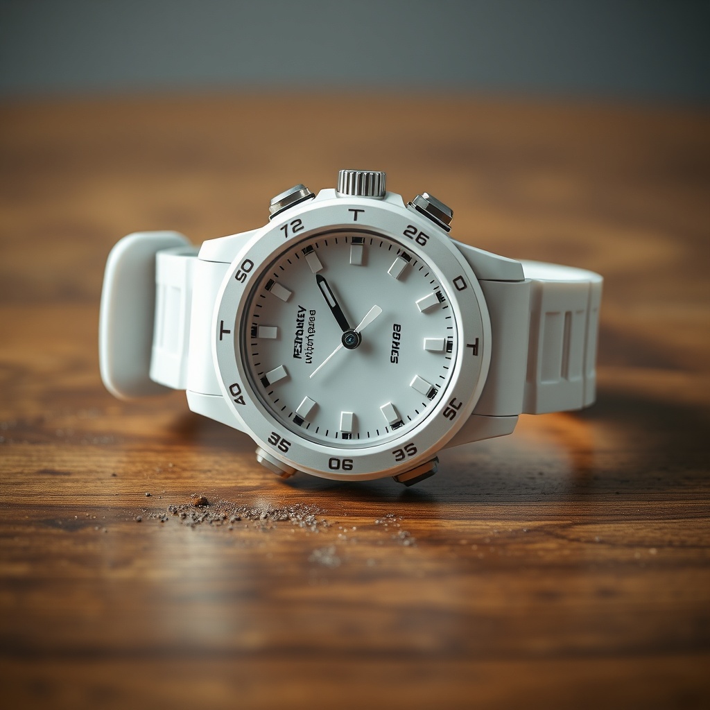 A photorealistic photo of a white emergency watch on a wooden table