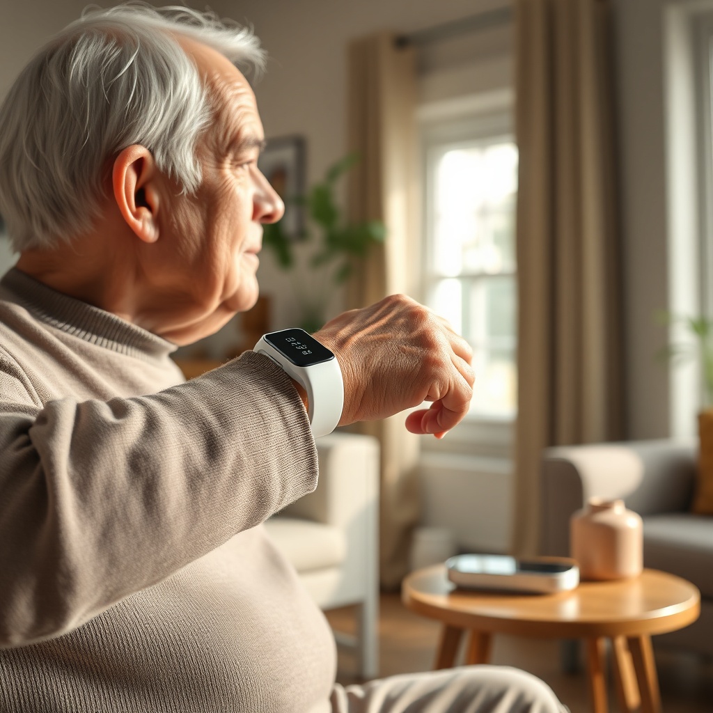 A clean photorealistic image of an elderly person wearing a modern white waterproof wristb