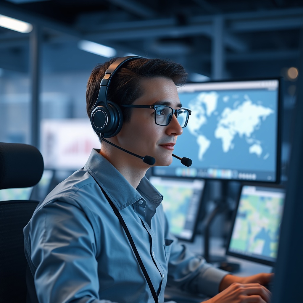 A photorealistic image of a professional call center operator wearing a headset