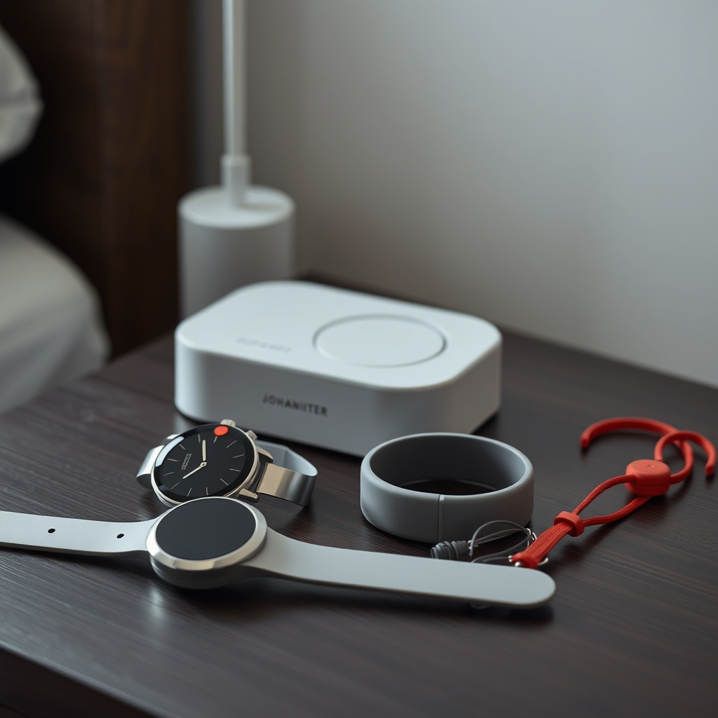 A clean photorealistic photo of a Johanniter Hausnotruf base station on a nightstand