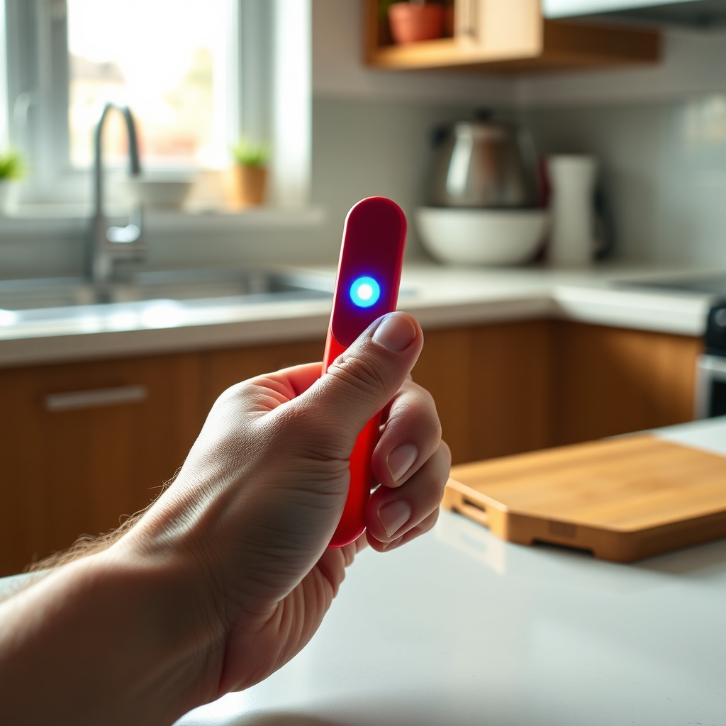 A photorealistic photo of a hand holding a red Johanniter Funkfinger with a blue LED glowi