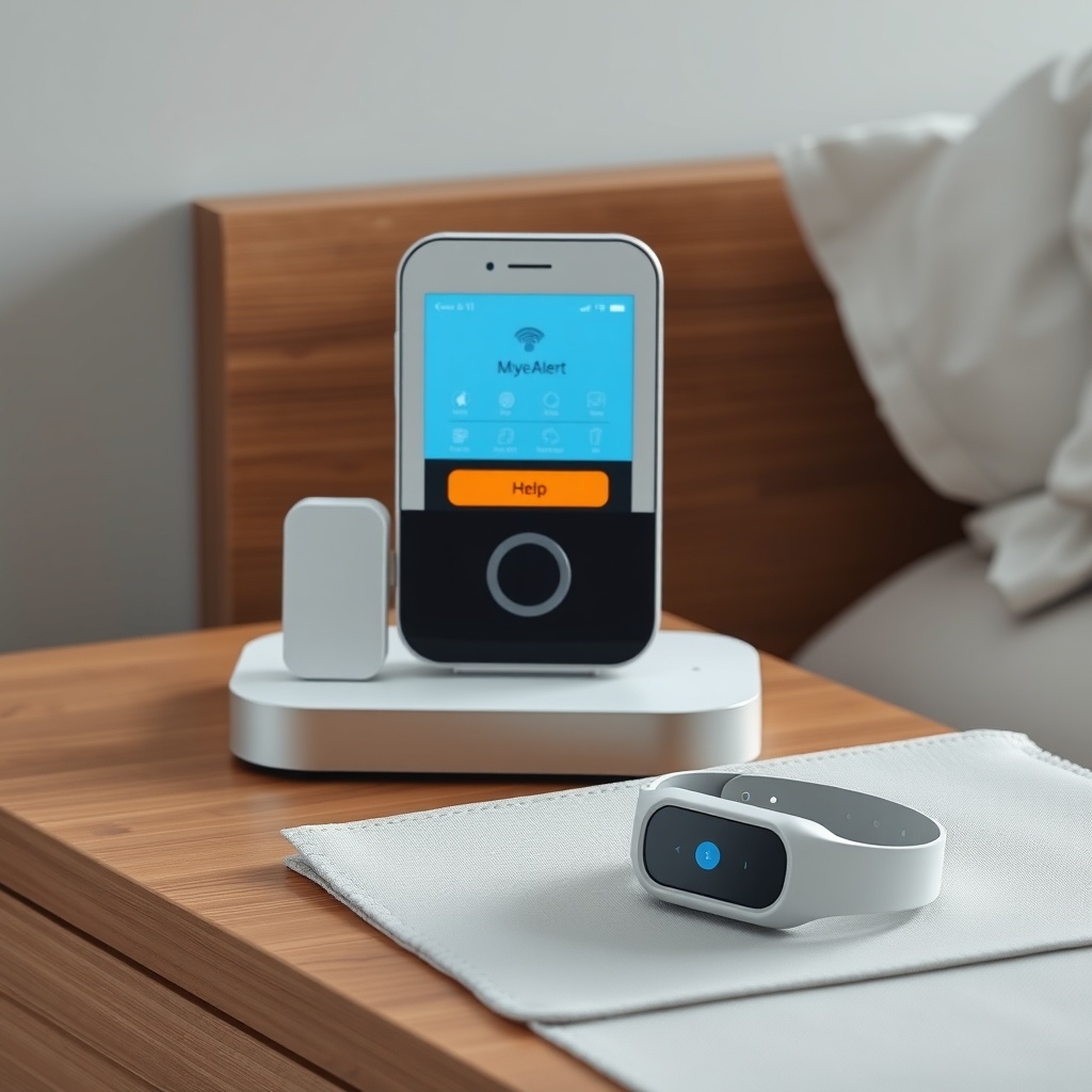 A clean photorealistic photo of a modern medical alert base station on a wooden nightstand