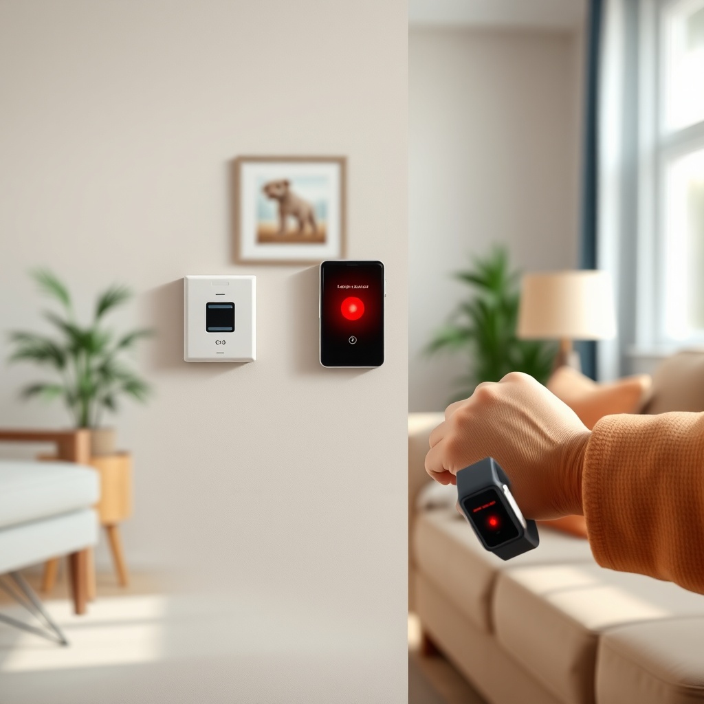 A clean photorealistic photo of a senior's living room showing a wall-mounted base station