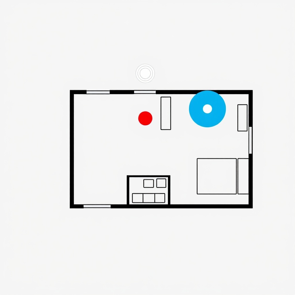 A simple illustration showing a floor plan of an apartment with a red dot for the base sta