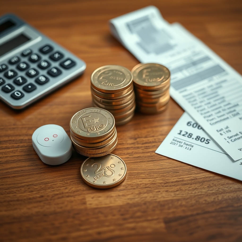 A realistic photo showing a stack of Euro coins and a calculator on a wooden table