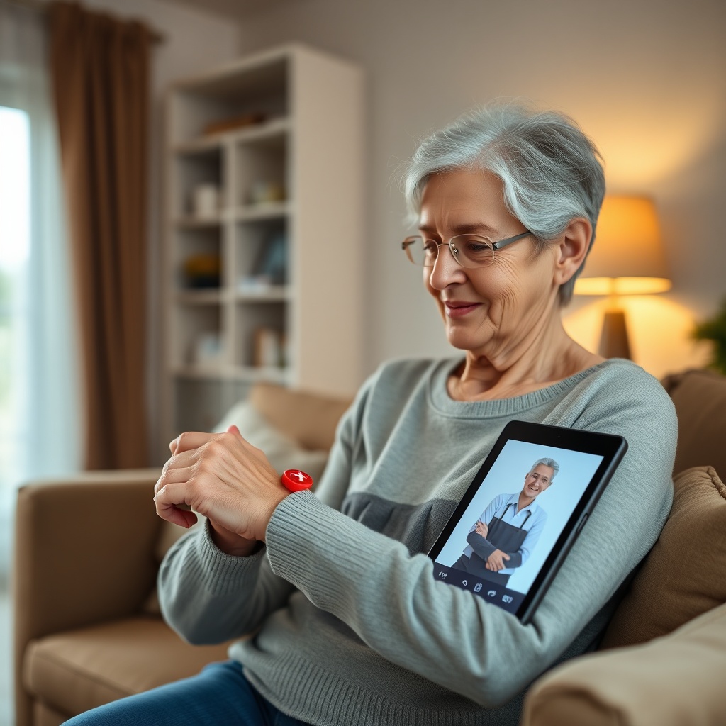 A photorealistic photo showing a senior woman in a cozy living room pressing a red emergen