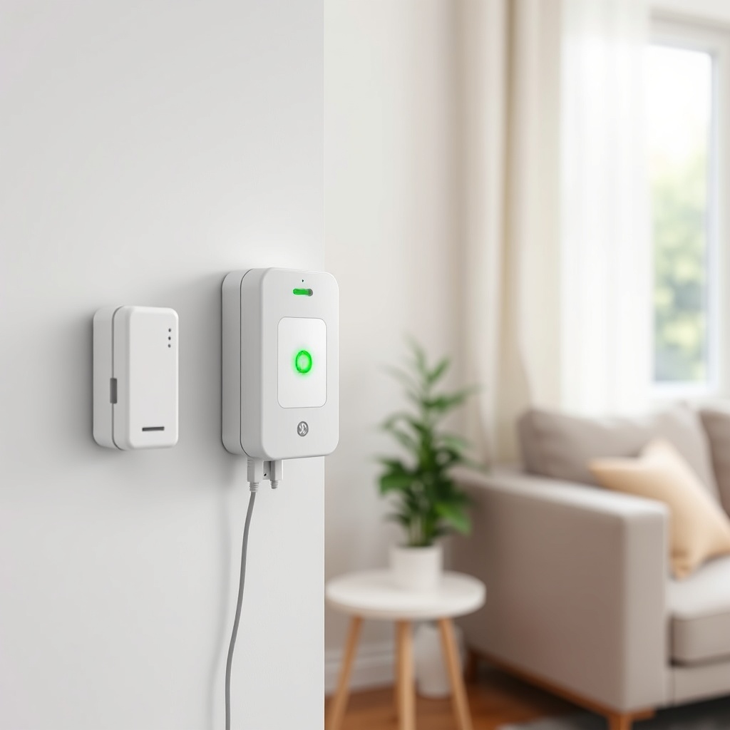 A photorealistic close-up of a white medical alert base station mounted on a wall in a bri