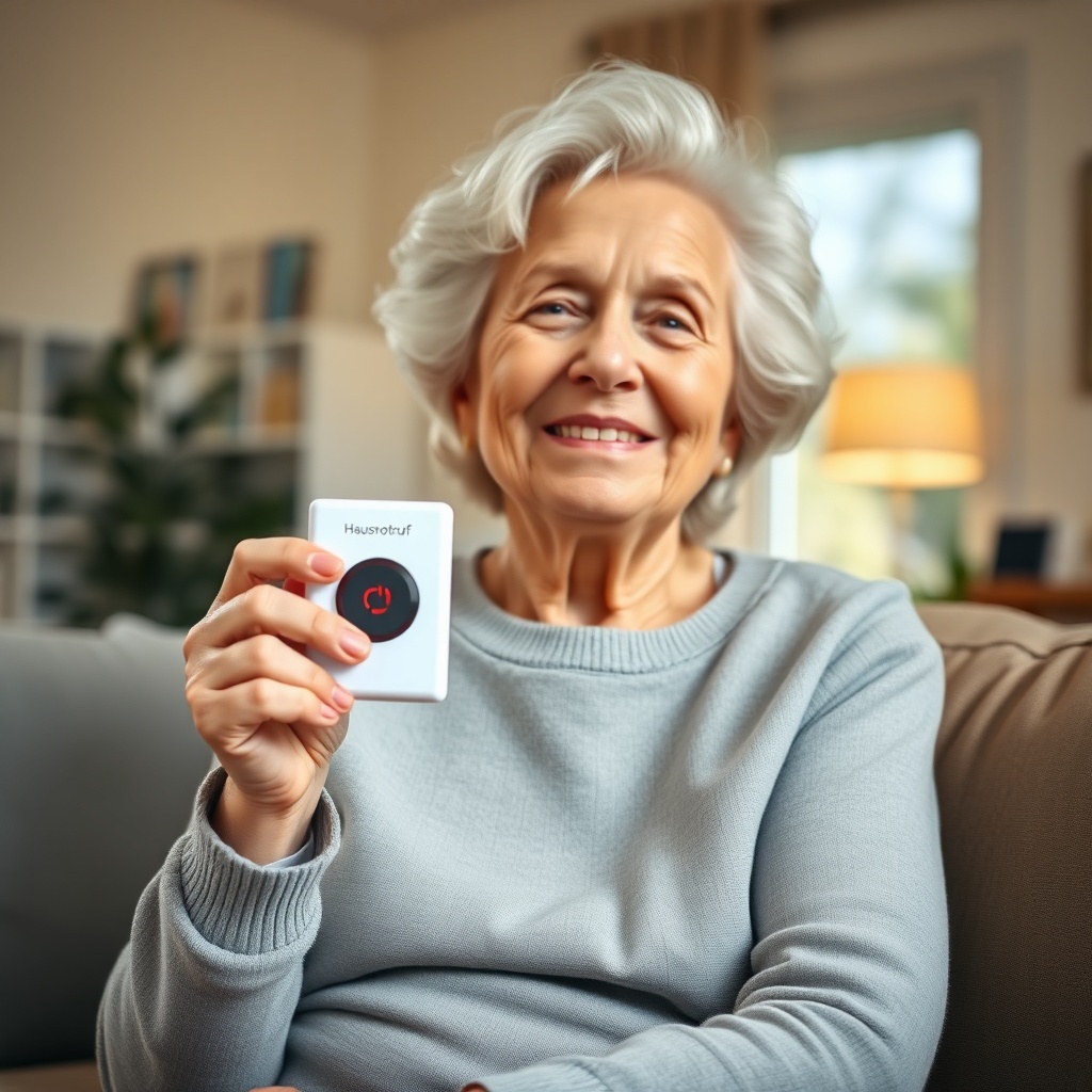 A photorealistic image of an elderly woman sitting in a cozy living room