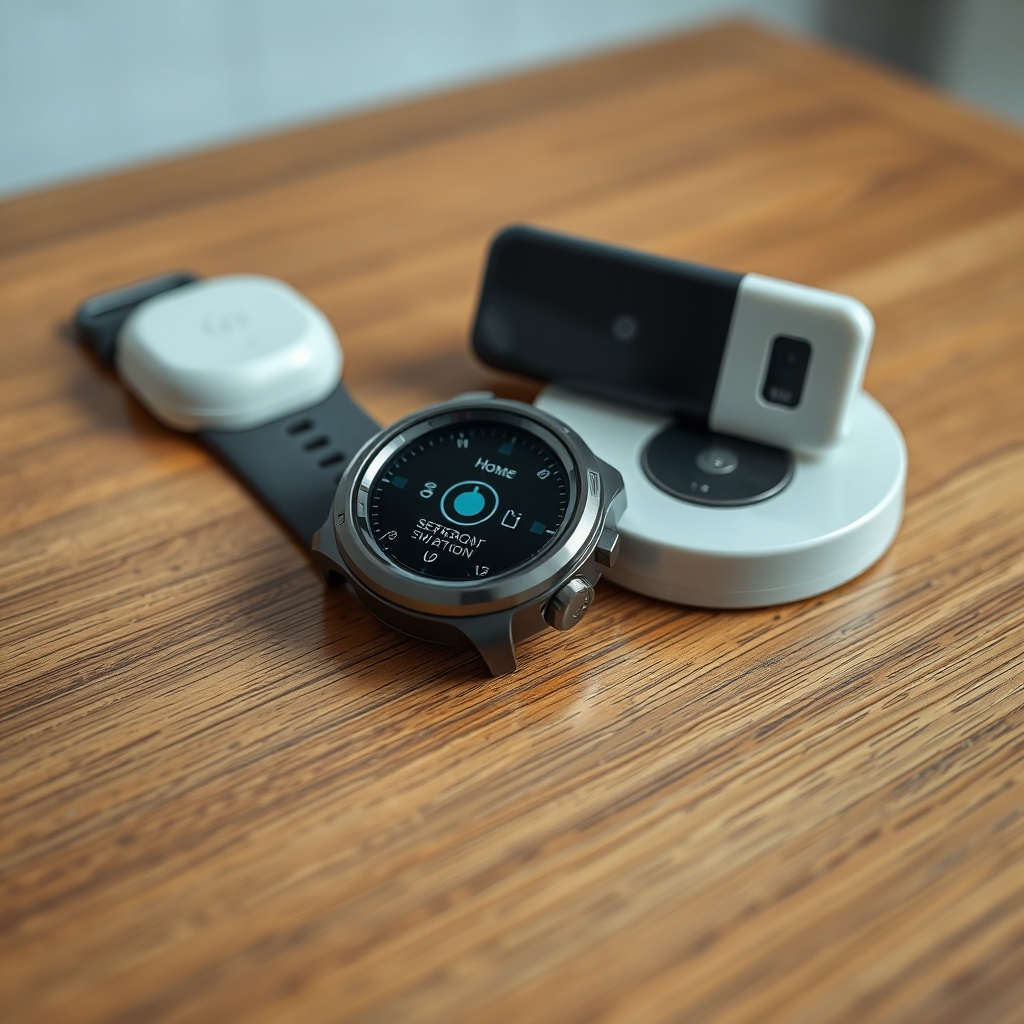 A photorealistic close-up shot of an emergency wristwatch lying on a wooden table