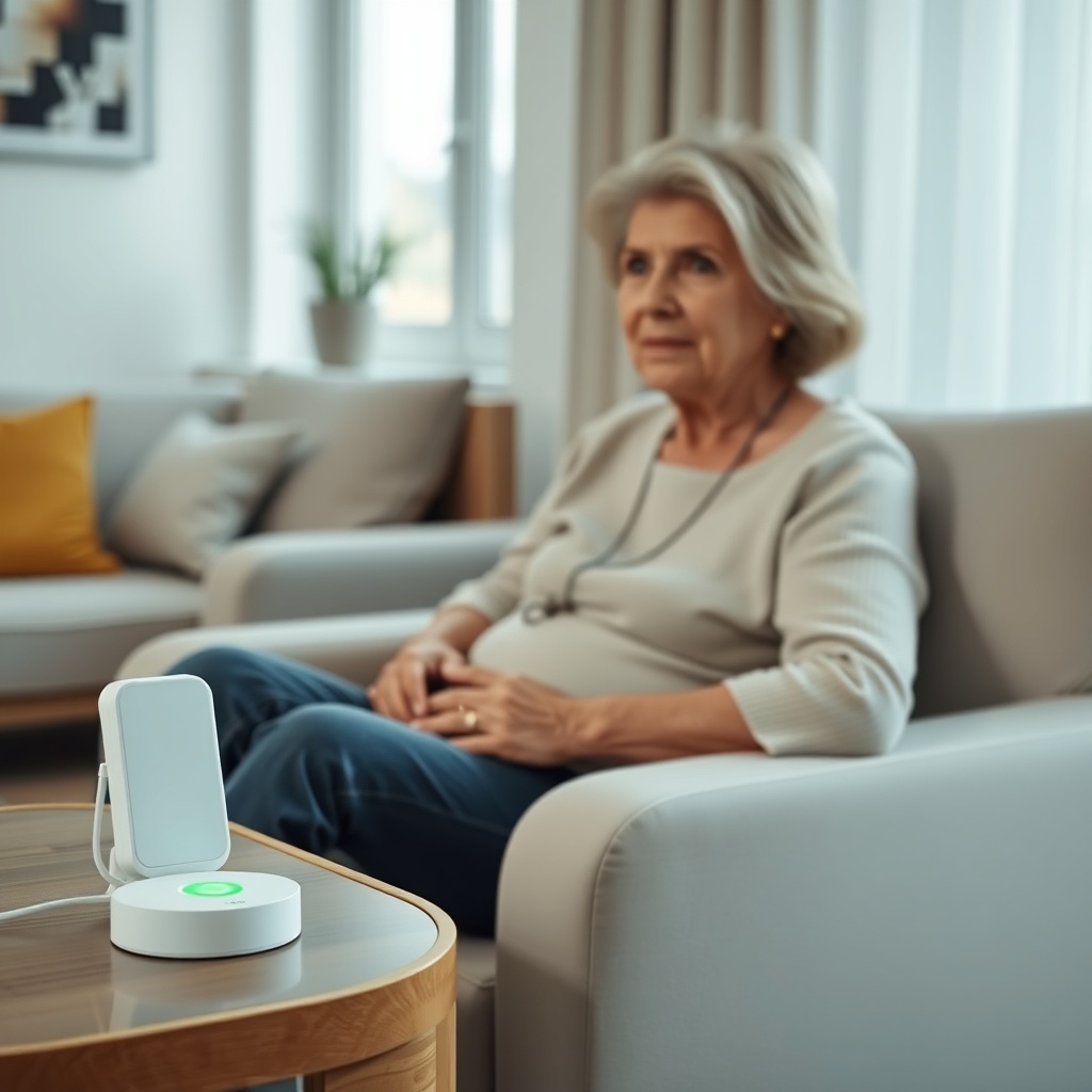 A photorealistic wide-angle photo of a modern living room with an elderly woman sitting in