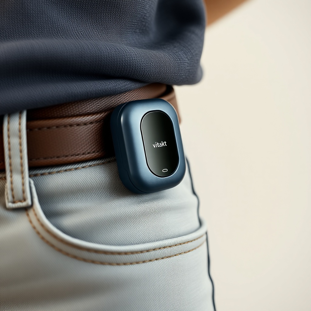A detailed photorealistic macro shot of a Vitakt fall sensor being worn on a belt loop