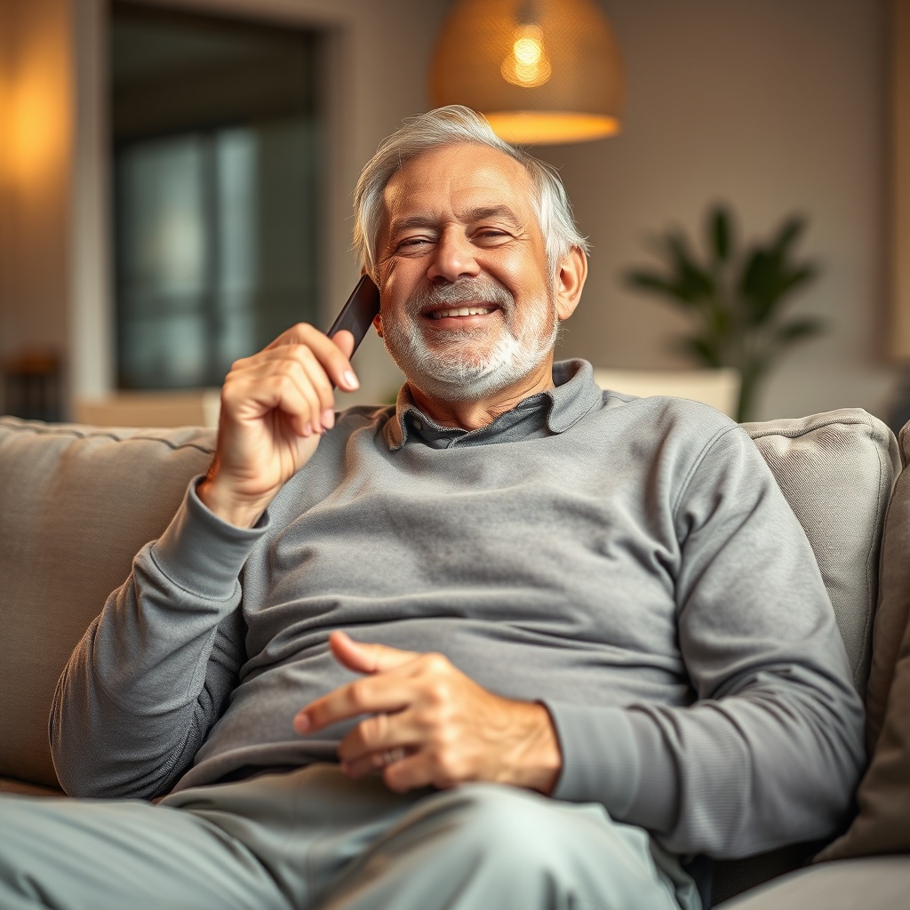 Ein älterer Mann sitzt gemütlich auf einem Sofa