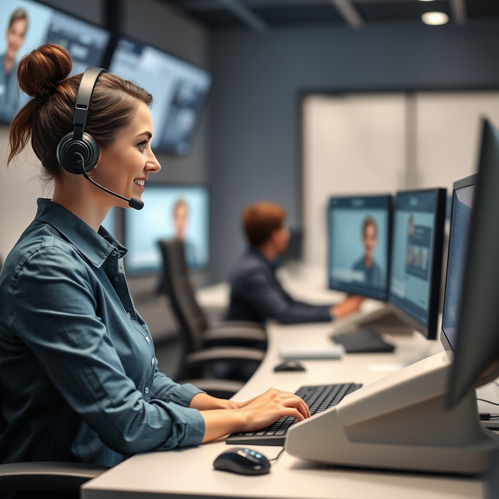 A realistic photo of a friendly female operator wearing a headset