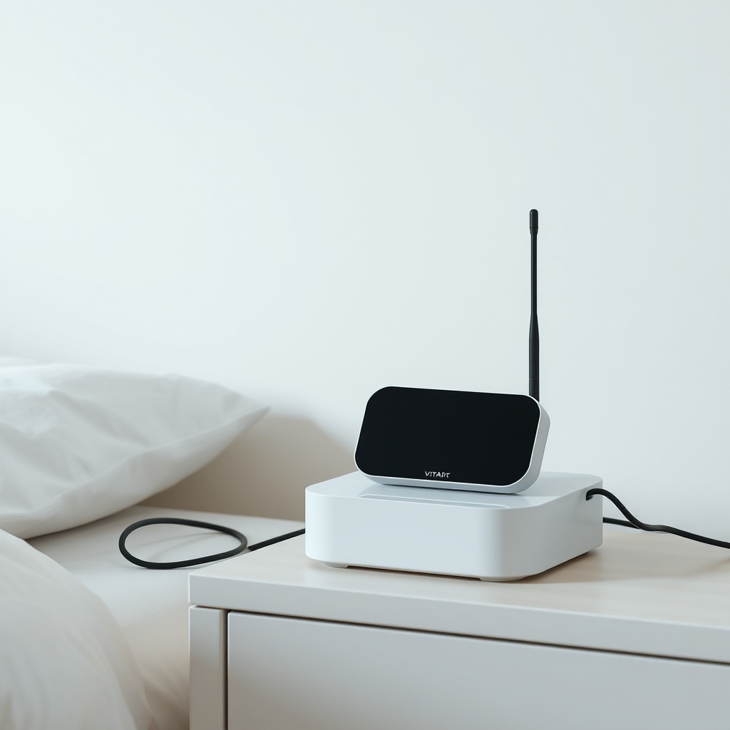 A clean photorealistic photo of a Vitakt base station on a bedside table