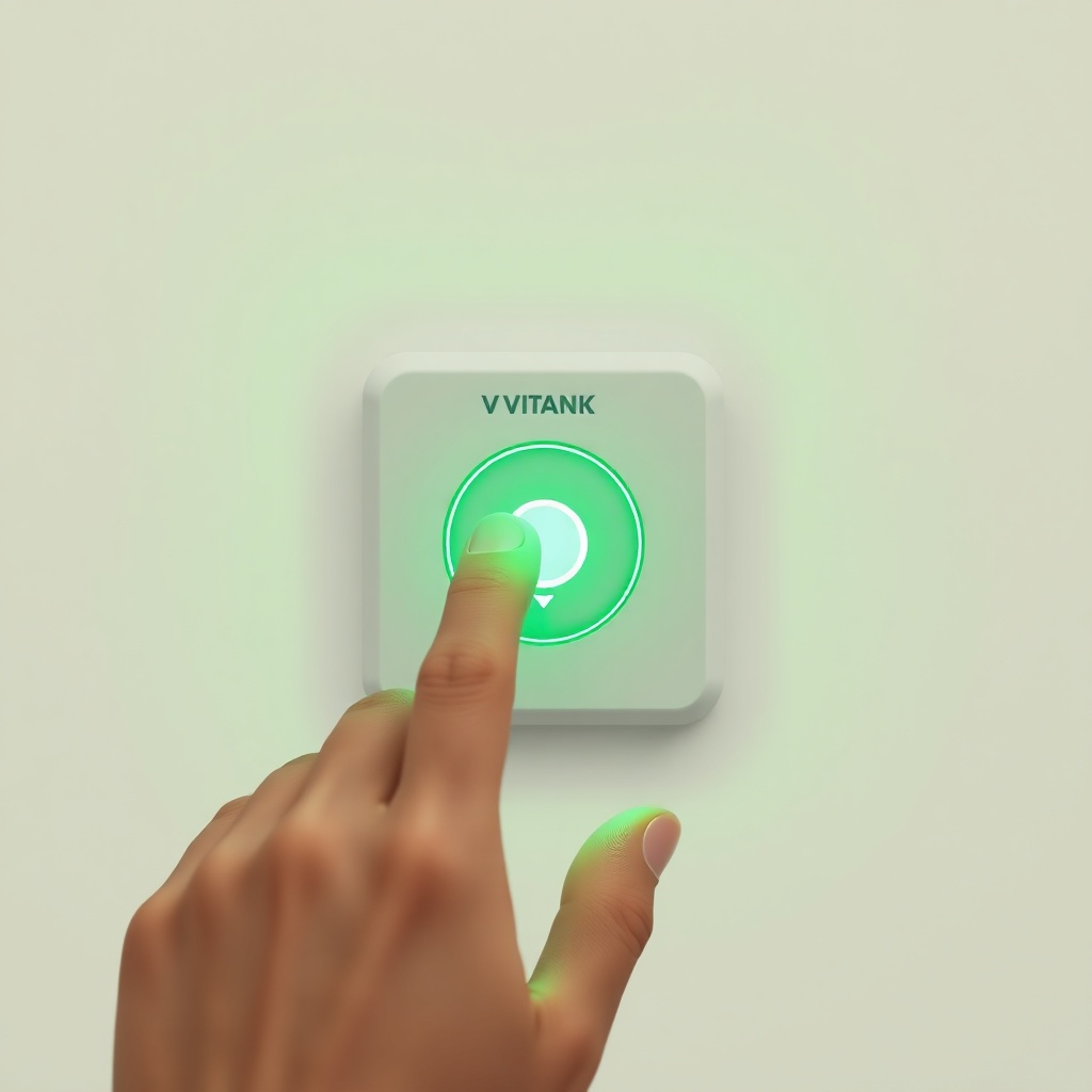 A simple illustration of a hand testing a Vitakt panic button with a green LED lit