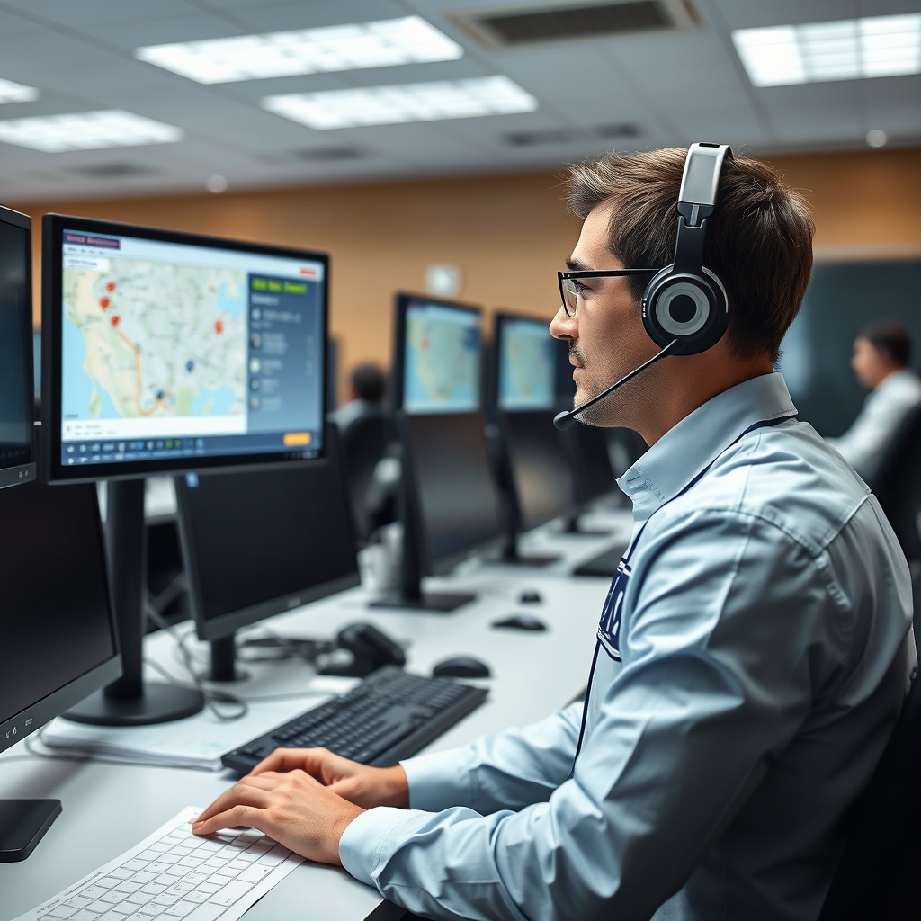 A photorealistic photo of a vitakt emergency call center showing a professional operator w