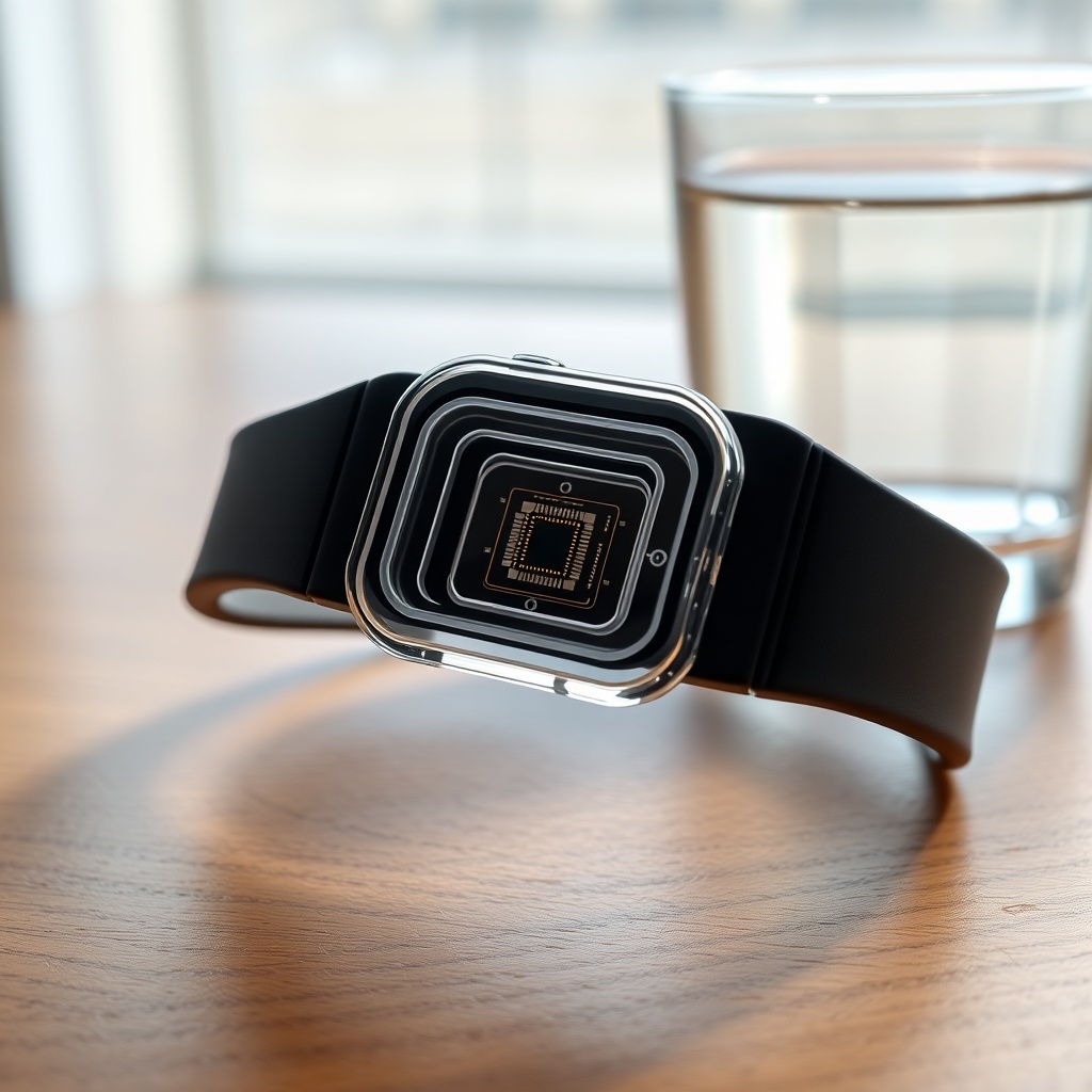 A photorealistic close-up of a Vitakt wristband with clear sensor housing