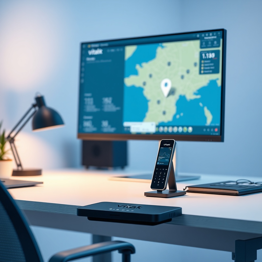 A photorealistic image of a modern home office with a Vitakt base station on a desk