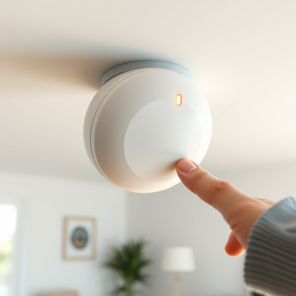 A photorealistic close-up of a white Vitakt Rauchmelder mounted on a ceiling