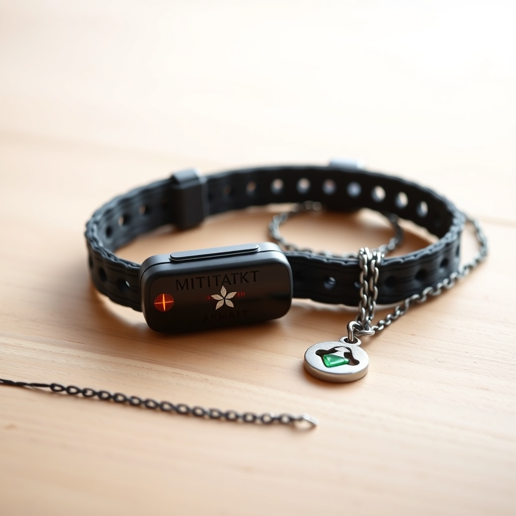 A photorealistic flat lay of a Vitakt Notrufknopf Armband and a necklace version on a wood